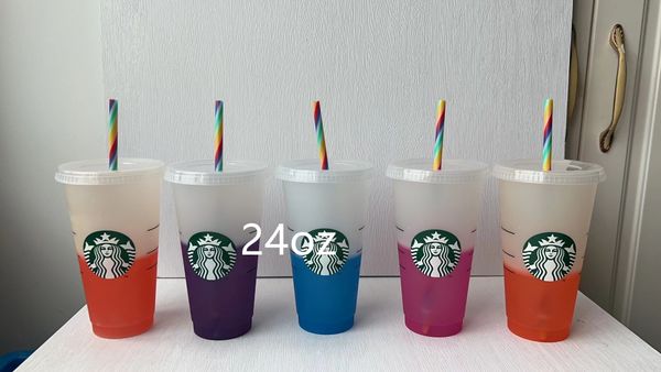2022 starbucks 24oz/710ml plastic mugs tumbler reusable clear drinking flat bottom pillar shape lid straw cups mug the new product for facto